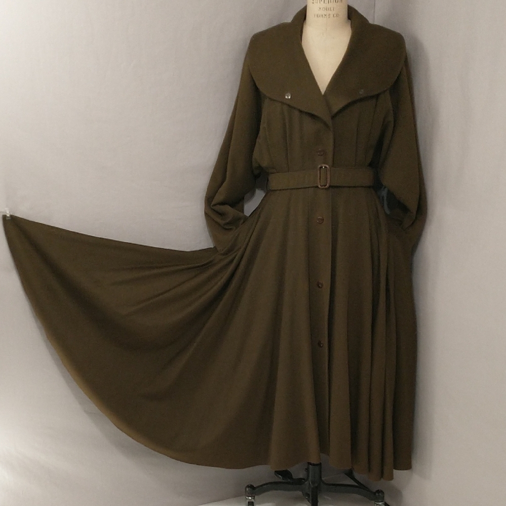 Vintage French Coat Olive Green Wool Circle Skirt High Paris Fashion b Ramosport
